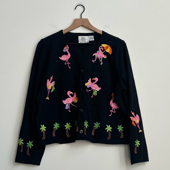 Emma Tricot Embroidered Flamingo Palm Tree Button Front Cardigan Novelty vintage - Picture 1 of 10